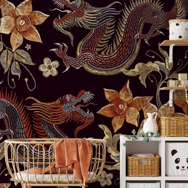 Classy_embroidery_dragons_and_blossom_abstract_Mural_Wallpaper.