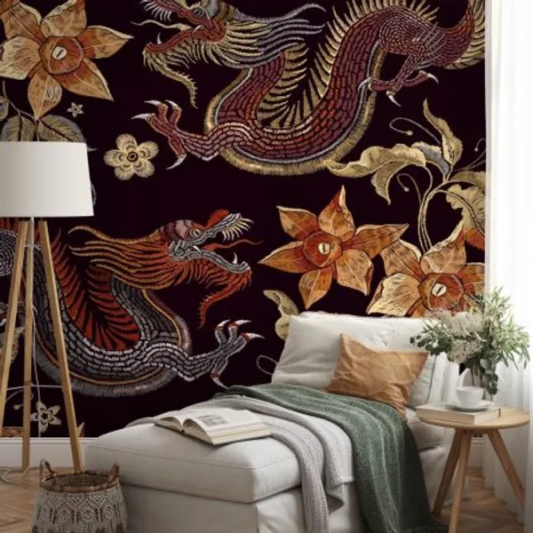 Classy_embroidery_dragons_and_blossom_abstract_Mural_Wallpaper.