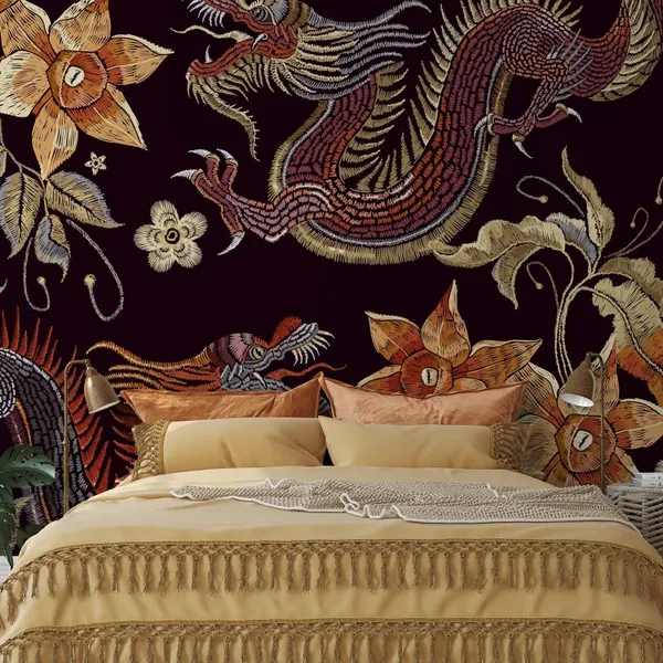 Classy_embroidery_dragons_and_blossom_abstract_Mural_Wallpaper.