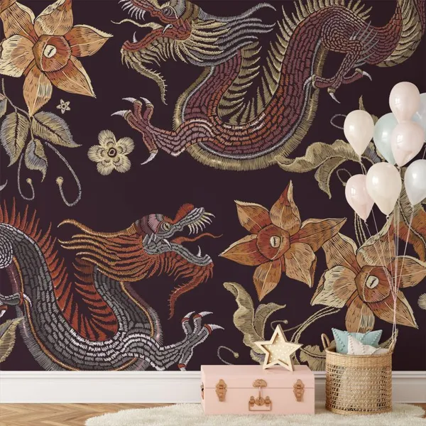 Classy_embroidery_dragons_and_blossom_abstract_Mural_Wallpaper.