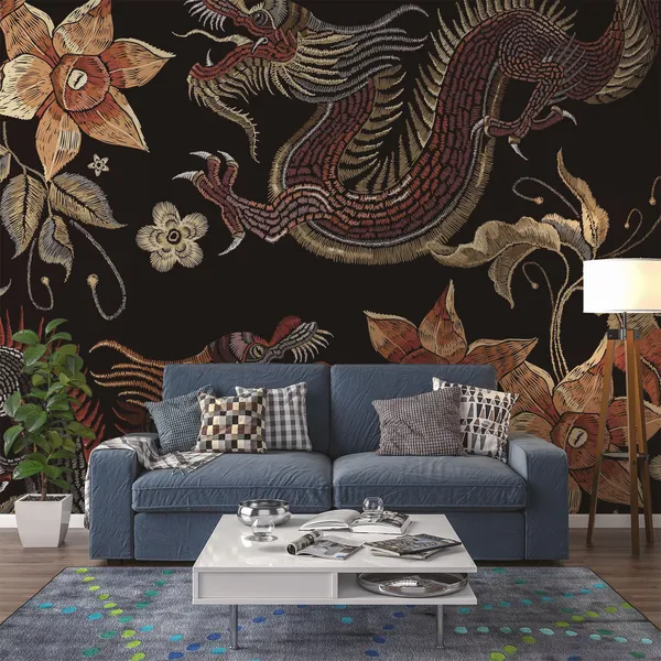 Classy_embroidery_dragons_and_blossom_abstract_Mural_Wallpaper.