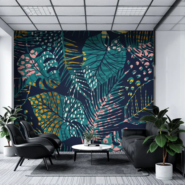 Trendy_seamless_exotic_pattern_with_tropical_plants,_animal_prints_and_hand_drawn_textures_Mural_Wallpaper.