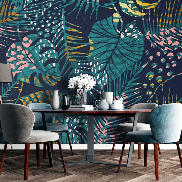 Trendy_seamless_exotic_pattern_with_tropical_plants,_animal_prints_and_hand_drawn_textures_Mural_Wallpaper.