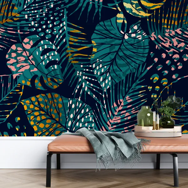 Trendy_seamless_exotic_pattern_with_tropical_plants,_animal_prints_and_hand_drawn_textures_Mural_Wallpaper.