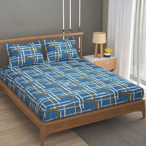 Blue_Cotton_Elastic_Fitted_Bedsheets_300_TC_With_2_Pillow_Covers