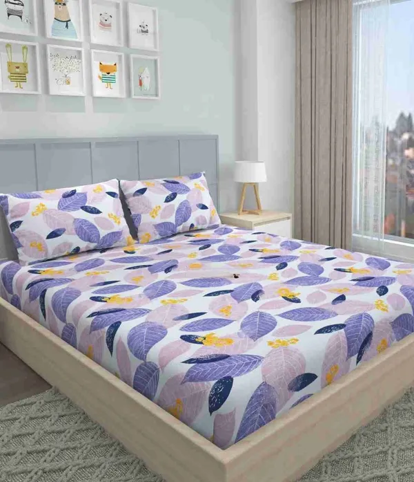 PINK_LEAF_220_TC_Cotton_All_Round_Elastic_Fitted_Bedsheet_with_2_Pillow_Covers_(72X78X_Upto_10_Inches)_&_360_Degree_Elasticated