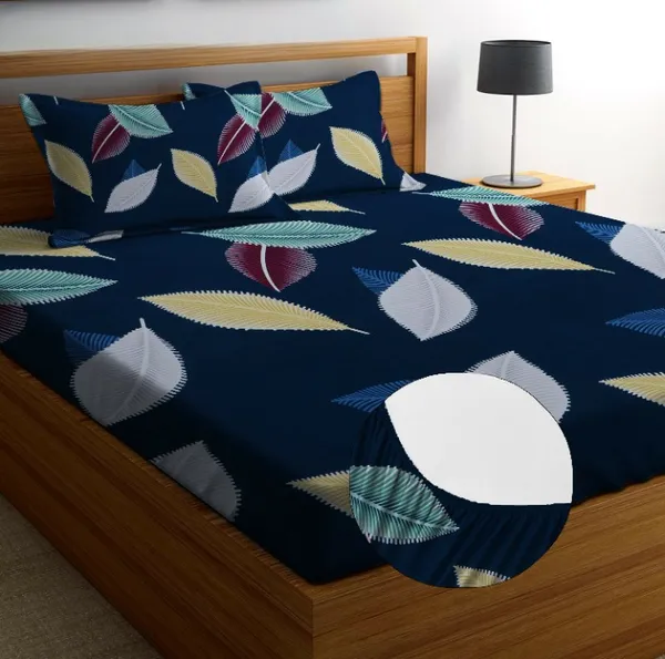 BLUE_LEAFS_220TC_Cotton_Elastic_Fitted_King/Queen_Size_Bedsheets_With_2_Pillow_Covers