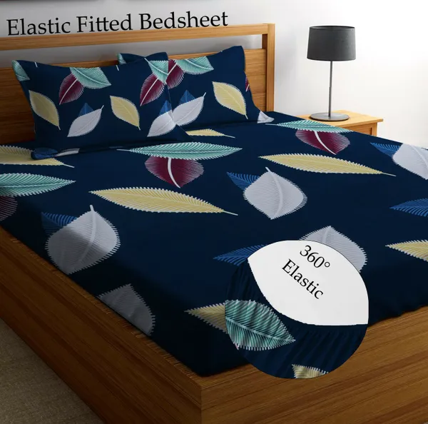 BLUE_LEAFS_220TC_Cotton_Elastic_Fitted_King/Queen_Size_Bedsheets_With_2_Pillow_Covers