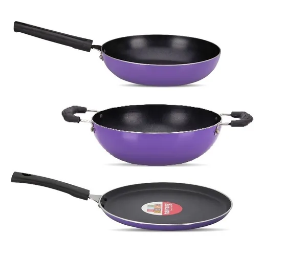Set_of_3_pcs_Purple_Nonstick_Dosa_Tawa_260,Kadai_220,_Frypan_220,_Non_Induction