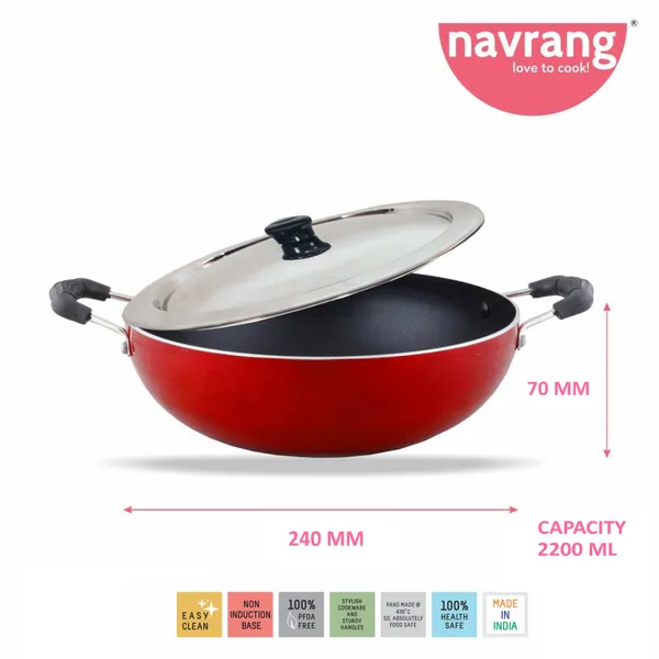 Red_Non_Stick_Non_Induction_Aluminium_Kadai_Medium_With_Ss_Lid,240Mm