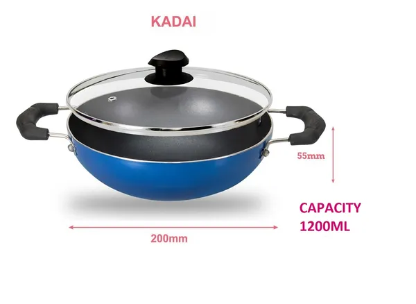 Set_of_3_pcs_Blue_Nonstick__Kadai_200,_Frypan_200_And_Glass_Lid,_Non_Induction