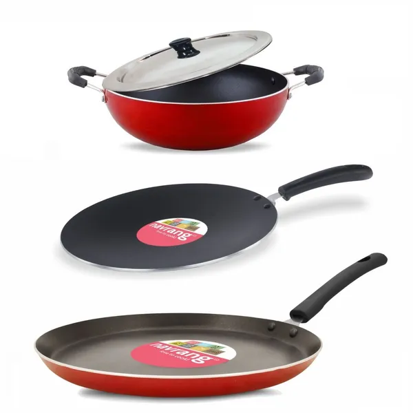 Set_of_4_pcs_Red_Non-Stick_Aluminium__Cookware_Set,Dosa_Tawa_&_Roti_Tawa_275_&_Kadai_230_&_Ss_Lid_,Non-Induction