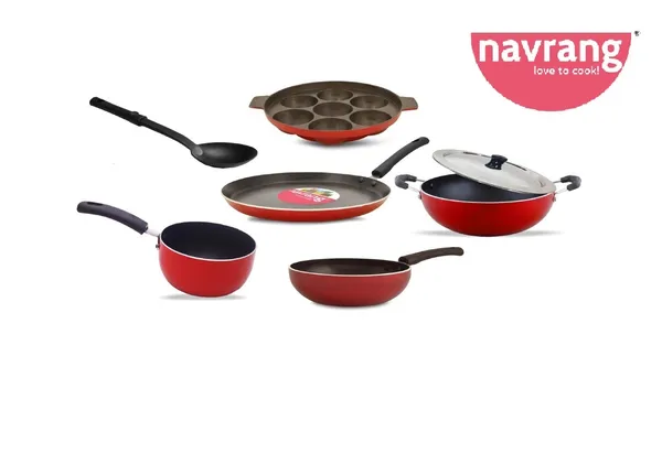 Set_of_7_pcs_Red_Non_stick_Aluminium_Cookware_Set_Tawa_260+Kadai_220+Frypan_220+Appakara_7_Kulies_WOH_+_SS_Lid+_Spatula_,_Non_Induction