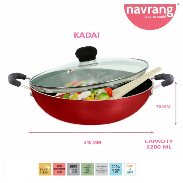 Red_Non_Stick_Non_Induction_Aluminium_Kadai_Medium_With_Glass_Lid,240Mm