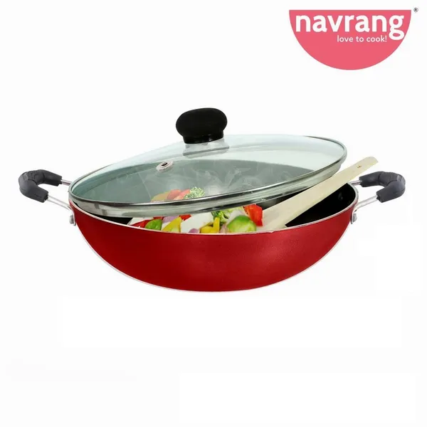 Red_Non_Stick_Non_Induction_Aluminium_Kadai_Medium_With_Glass_Lid,240Mm