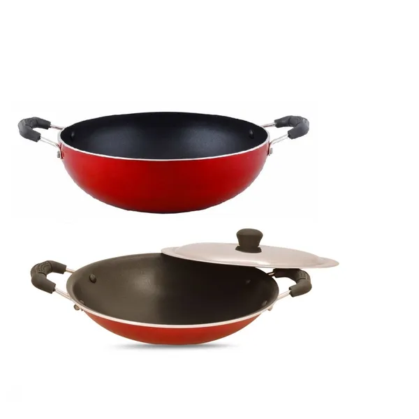 Set_of_2_pcs_Red_Nonstick_Aluminium_,Kadai_220+Appachetty_SS_Lid,_Non_induction
