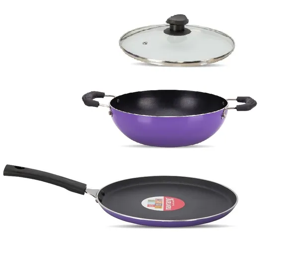 Set_of_3_pcs_Purple_Nonstick_Dosa_Tawa_260,_Kadai_220,Glass_Lid,_Non_Induction