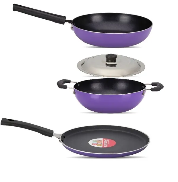 Set_of_3_pcs_Purple_Nonstick_Dosa_Tawa_260,Kadai_220,_Frypan_220,Sauce_Pan_160_And_Sslid,_Non_Induction