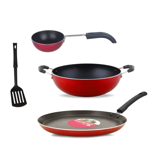 Set_of_4_pcs_Red_Non-Stick_Aluminium_Cookware_Set,Tawa_275_&_Kadai_230_&_Tadka_Pan_&_Spatula