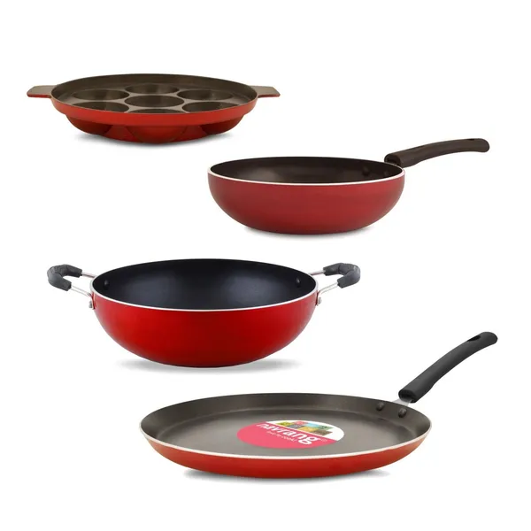 Set_of_4_pcs_Red_Nonstick_Aluminium__Cookware_Set_,Tawa_260+Kadai_230_+_fry_Pan_200_+_Appakara_7_Kulies_Without_Handle,_Non_-Induction