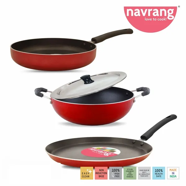 Set_of_3_pcs_Red_Nonstick__Kadai,DosaTawa_And_Fry_Pan_With_Common_SS_Lid