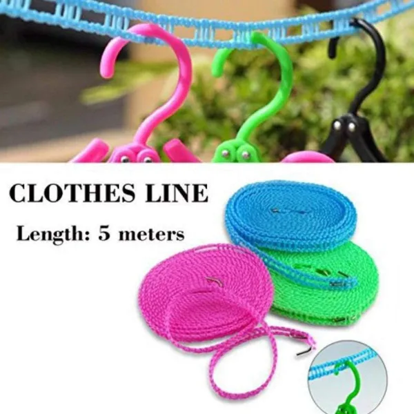 Windproof_Antislip_Clothes_Washing_Line_Drying_Nylon_Rope__5_Meter_Multicolor_Pack_Of_2_And_6_Pic_Cloth_Hanger_Hooks_Laundry_Hook