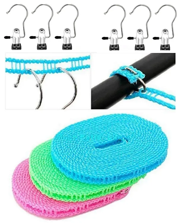 Windproof_Antislip_Clothes_Washing_Line_Drying_Nylon_Rope__5_Meter_Multicolor_Pack_Of_2_And_6_Pic_Cloth_Hanger_Hooks_Laundry_Hook