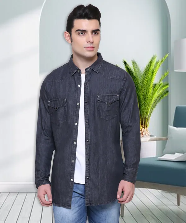 Charcoal_Black_Denim_Double_Pocket_Casual_Shirt