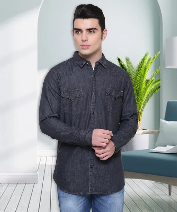 Charcoal_Black_Denim_Double_Pocket_Casual_Shirt