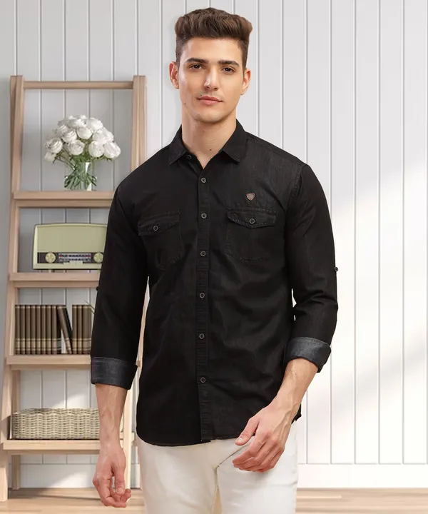 Kuons Avenue Men's Black Double Pocket Denim Shirt Price in India