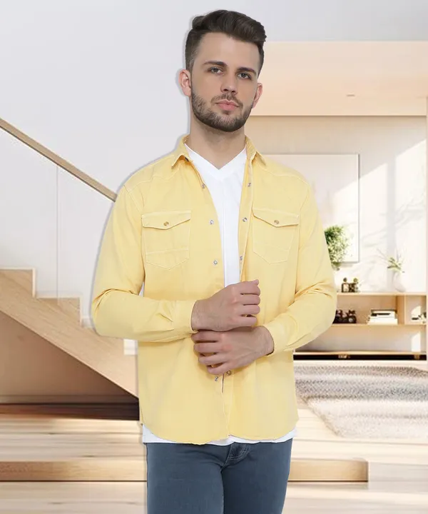 Men's_Cream_Yellow_Cargo_Chic_Denim_Shirt