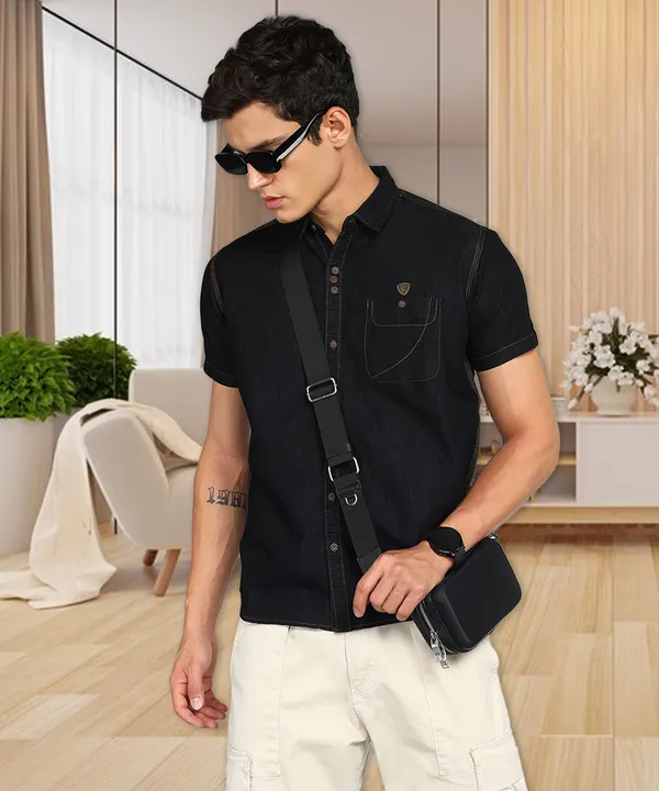 Men's_Black_Classic_Half_Sleeve_Denim_Shirt