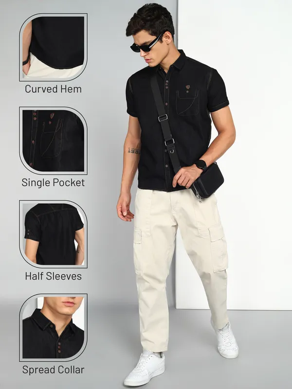 Men's_Black_Classic_Half_Sleeve_Denim_Shirt