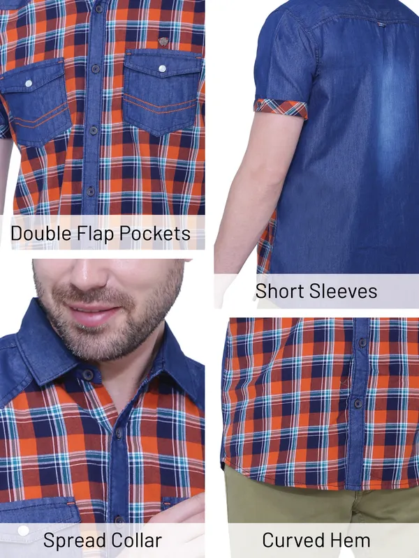 Men's_Spring_Orange_Denim_Checkered_Classic_Shirt