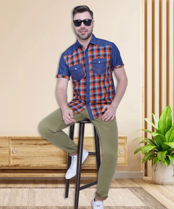 Men's_Spring_Orange_Denim_Checkered_Classic_Shirt