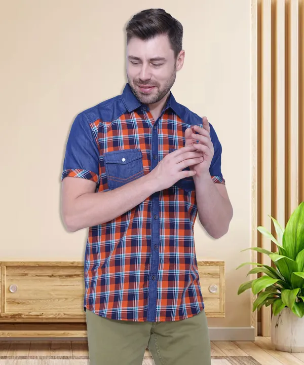 Men's_Spring_Orange_Denim_Checkered_Classic_Shirt