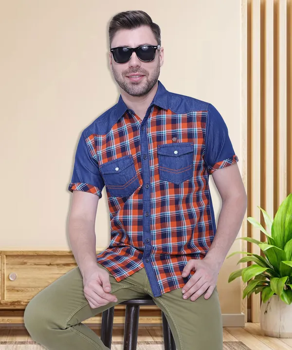 Men's_Spring_Orange_Denim_Checkered_Classic_Shirt