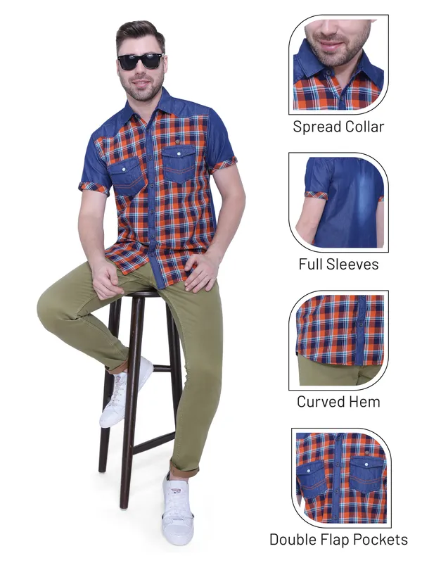 Men's_Spring_Orange_Denim_Checkered_Classic_Shirt