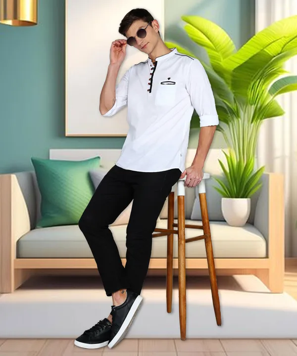 Men's_White_Linen_Cotton_Loop_Fusion_Ethnic_Kurta