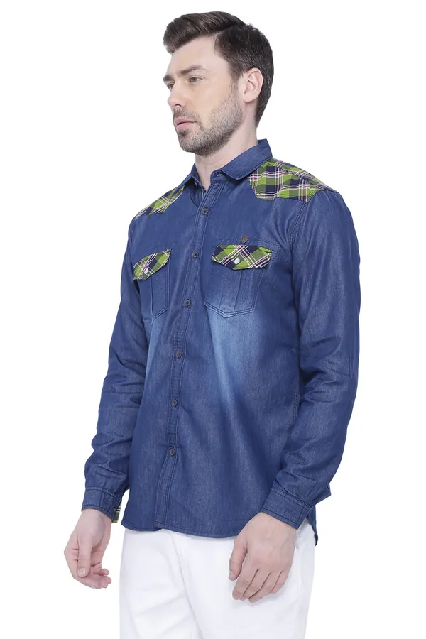 Men's_Perch_Green_Casual_Couture_Denim_Checks_Shirt