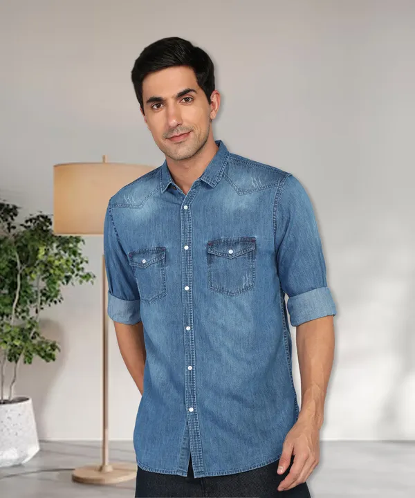 Kuons Avenue Men's Stonewash Blue Distressed Faded Denim Shirt