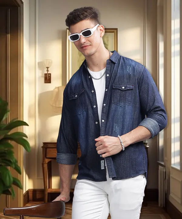 Kuons Avenue Men's Dark Indigo Vintage Vibe Distressed Denim