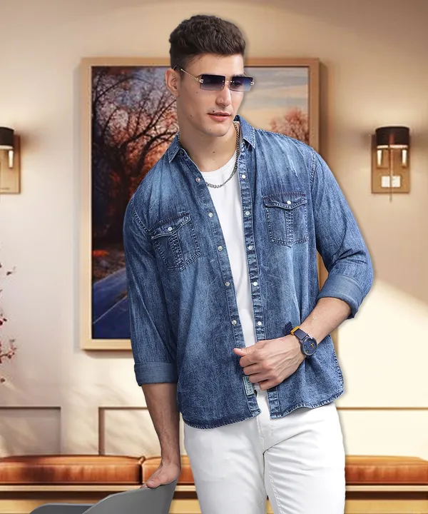 Kuons Avenue Men's Indigo Vintage Vibe Distressed Denim Overshirt
