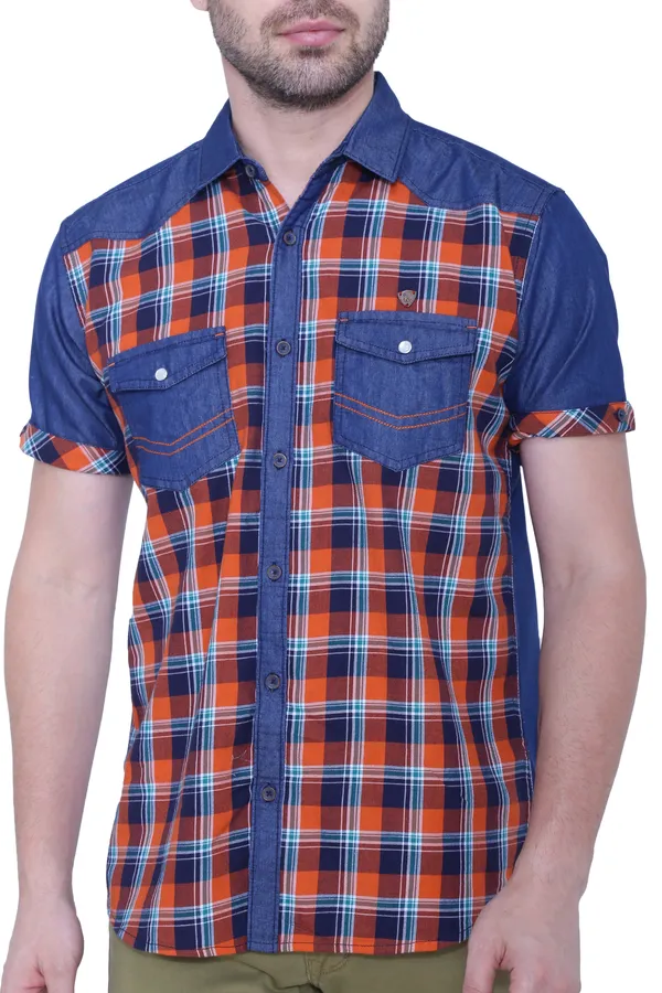 Men's_Spring_Orange_Denim_Checkered_Classic_Shirt
