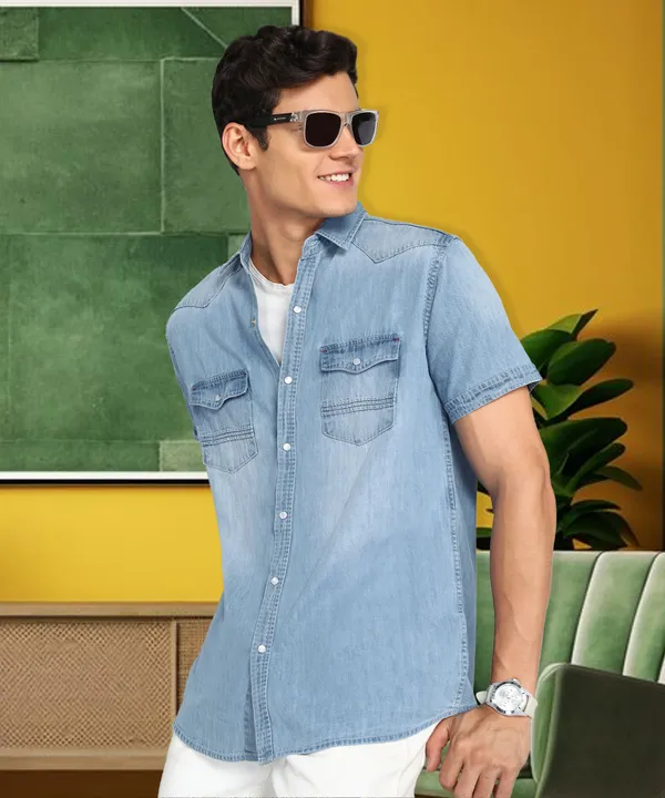 Kuons Avenue Men's Icewash Button-Down Half Sleeve Denim Shirt