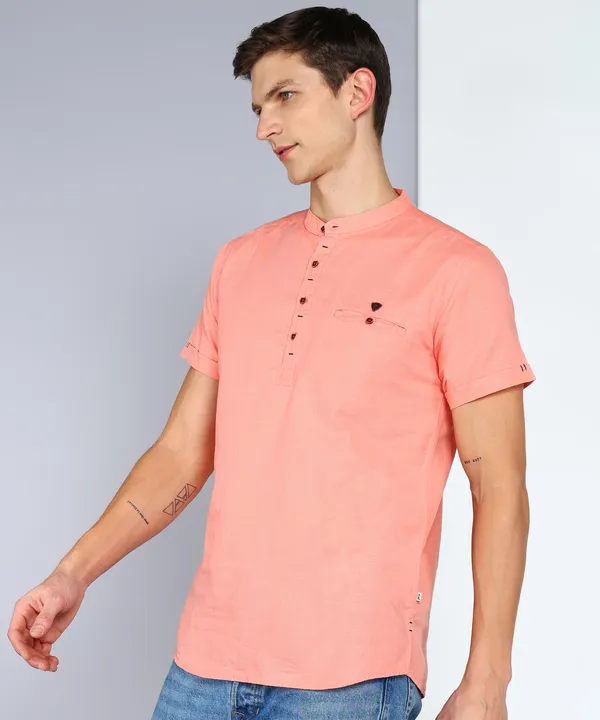 Men's_Peach_Leisure_Linen_Cotton_Half_Sleeve_Short_Kurta
