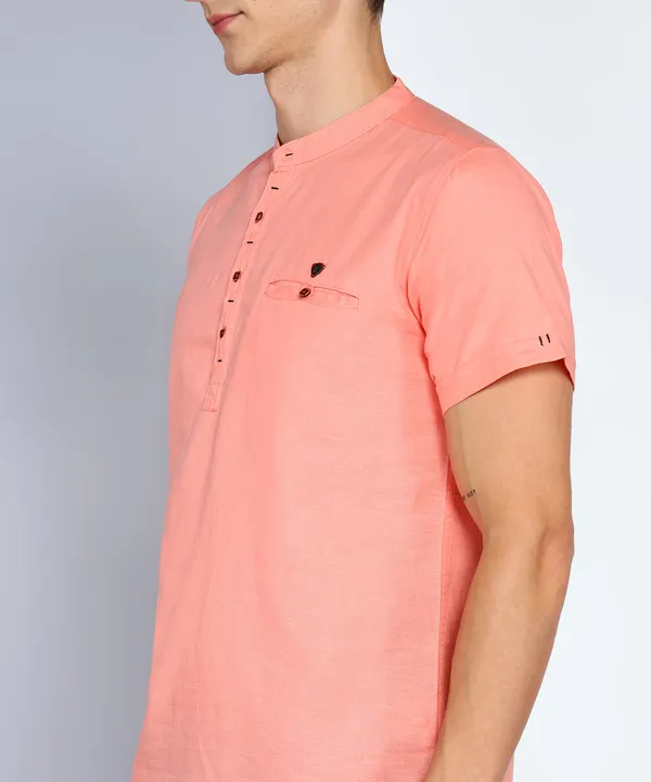 Men's_Peach_Leisure_Linen_Cotton_Half_Sleeve_Short_Kurta