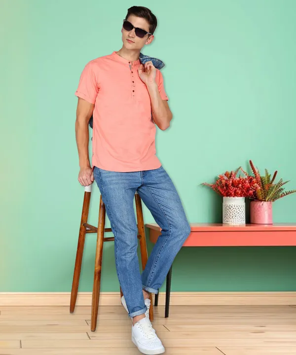 Men's_Peach_Leisure_Linen_Cotton_Half_Sleeve_Short_Kurta