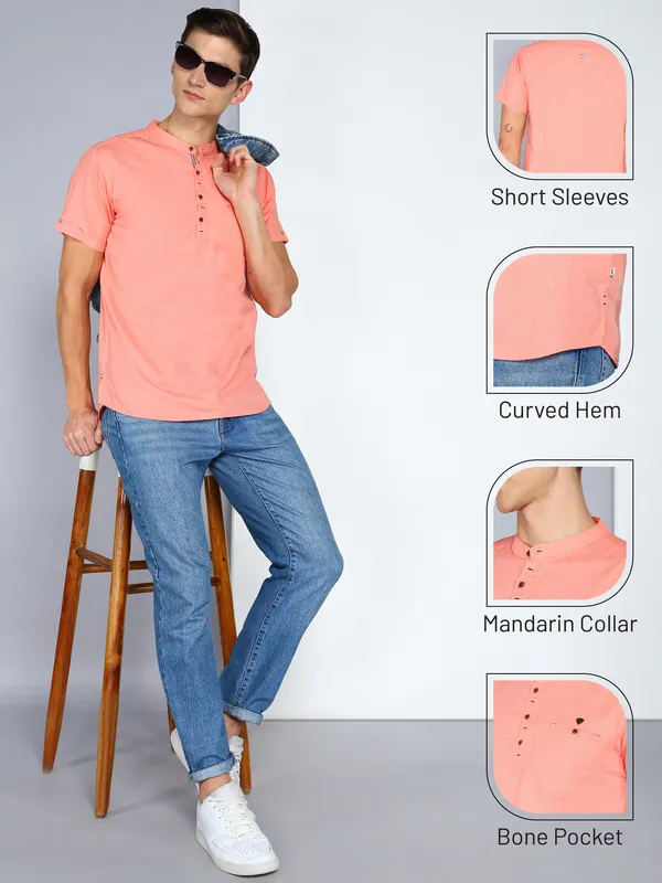 Men's_Peach_Leisure_Linen_Cotton_Half_Sleeve_Short_Kurta