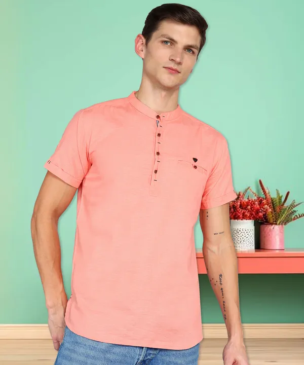 Men's_Peach_Leisure_Linen_Cotton_Half_Sleeve_Short_Kurta